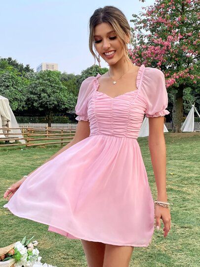 Pink Dress Outfits, Short A Line Dress, Baby Pink Dresses, Western Dresses For Women, Pink Summer Dress, Puff Dress, Kawaii Dress, Grad Dresses, Pink Dresses