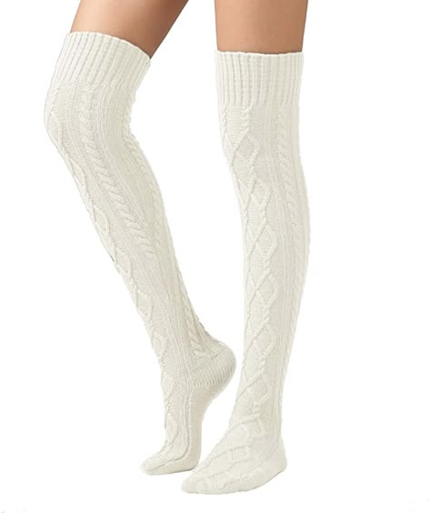 SherryDC Women's Cable Knit Boot Stockings Extra Long Thigh High Leg Warmers Winter Floor Socks White at Amazon Women’s Clothing store White Over-the-knee Winter Legwear, One Size Cable Knit Socks, White Over-the-knee Winter Stockings, Cream Thigh High Winter Socks, Fitted Knitted Acrylic Socks, White Knitted Fitted Knee-high Socks, Fitted Knitted White Socks, Mermaid Socks, Thigh Sleeve