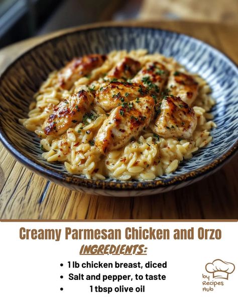 Creamy Parmesan Chicken and Orzo Orzo Meals, Creamy Orzo Recipes, Orzo Pasta Recipes, Chicken And Orzo, Creamy Parmesan Chicken, Orzo Dishes, Orzo Recipes, Creamy Parmesan, Parmesan Sauce