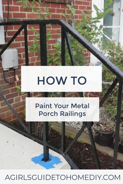 How to update your outdated front porch with freshly painted railings Diy Metal Porch Railing, Front Porch Railing Makeover, How To Paint Metal Railing Outside, Porch Railing Update Diy, Painting Iron Railing, Paint Metal Railing, Front Porch Paint Ideas, Porch Redo Ideas, Back Porch Inspiration