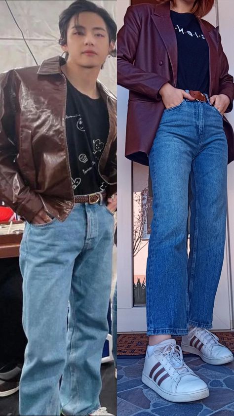 Brown leather jacket, black t-shirt, straight leg jeans, brown belt and white sneakers, V (BTS) inspired outfit Kim Taehyung Brown Outfit, Brown T Shirt Outfit Aesthetic, Tae Outfits Inspired, Bts Fashion Inspired Outfits, V Outfits Bts, Taehyung Inspired Outfits, Kim Taehyung Outfit, Brown Jeans Outfit Aesthetic, Bts Outfits Inspired