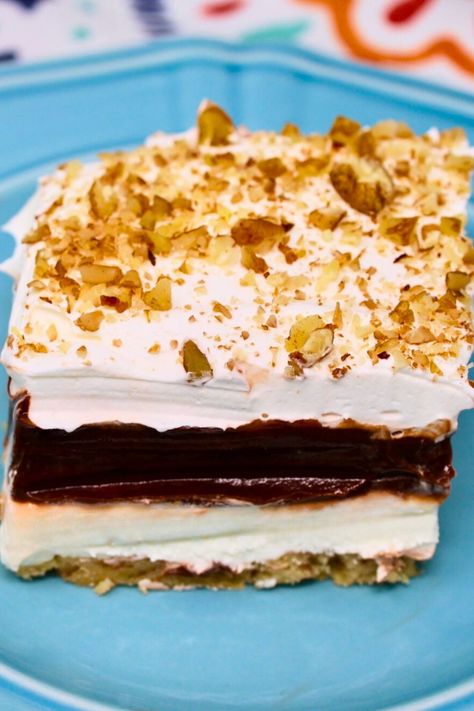 Four Layer Delight - Heartland Recipes Husbands Delight, Four Layer Delight, Layered Dessert Recipes, Delight Dessert, Pudding Flavors, Chilled Desserts, Layered Desserts, Custard Recipes, Shortbread Crust