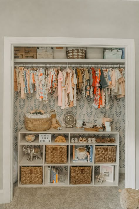 Open Closet Ideas Nursery, Newborn Closet Organization Storage, Swaddle Blanket Storage, Open Nursery Closet Ideas, Closet Organization For Nursery, Closet Storage Nursery, Blanket Organization Nursery, Nursery Closet Storage Ideas, Nursery Closet Wallpaper