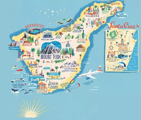 Tenerife Maps - The tourist maps of Tenerife to plan your trip Canary Islands Spain, Tourist Map, Illustrated Map, Tourist Places, Places Of Interest, Travel Board, Canary Islands, Spain Travel, Holiday Destinations