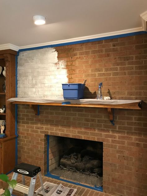 Limewash Fireplace Transformation – Today's Home Perspective Fireplace Brick Stain, How To Stain Brick Fireplace, Lime Slurry Brick Fireplace, Limewashing Brick Fireplace, Lime Wash Fireplace Brick, Lime Washed Brick Fireplace, Limewash Fireplace Brick, Interior Painted Brick, Mortar Washed Brick Fireplace