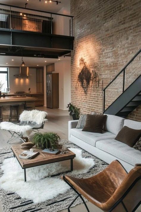 "Transform your living room into an urban retreat with Modern Industrial Decor! 🛋️🏭 Ideal for adding a touch of rugged elegance to your home. 🌿✨ #IndustrialStyle #LivingRoomDesign #ModernLiving" Organic Industrial Decor, Industrial Living Space, Industrial Country Home, Industrial Contemporary House, Industrial Interior Decor, Industrial Home Design Living Room, Industrial Home Decor Ideas, Industrial Mountain Home, Industrial Room Decor