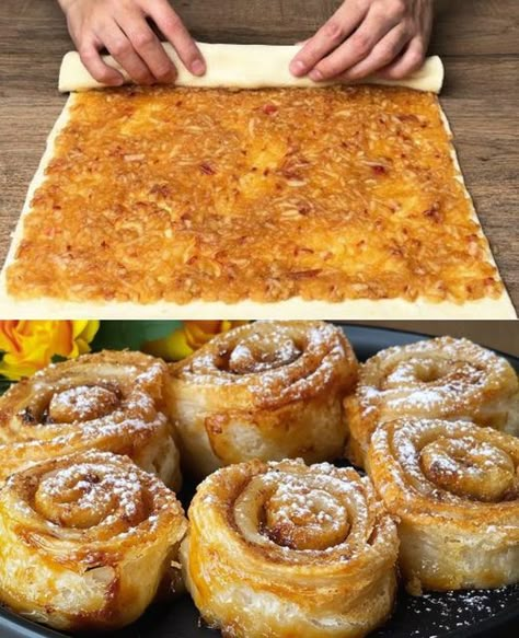 Quick Puff Pastry Apple Rolls Recipe Grated Apple Recipes, Strawberry Puree Recipe, Quick Puff Pastry, Apple Rolls, Puff Pastry Apple, Apple Cinnamon Cake, Apple Pastry, Apple Puff Pastry, Cake With Strawberry