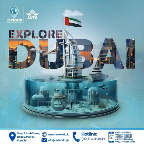 "Uniworld Travel & Tours: Embark on an Adventure to Explore Dubai!" Book now with @uniworld.pk CALL / WHATSAPP: +92 337 1666611 +92 337 1666622 +92 337 1666633 +92 337 1666644 +92 337 1666677 Hashtags: #uniworldtravels #travelagency #tourism #flights #travelandtours #exploretheworld #traveldestinations #exploredubai #Burjalarab #burjkhalifa Dubai Tourism Poster, Dubai Real Estate Creative Ads, Dubai Ideas, Photoshop Eyes, Travel Brochure Design, Travel Advertising Design, Azerbaijan Travel, Tourism Design, Portfolio Reference