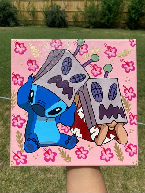 Cute Cartoon Painting Ideas On Canvas, Painting Ideas On Canvas Simple Easy Cartoon, Stitch Painting Ideas, Painting Ideas Cartoon Characters, Aesthetic Cartoon Painting Easy, Character Paintings On Canvas, Cute Cartoon Paintings, Painting Ideas On Canvas Cartoon Characters, Cartoon Characters Paintings