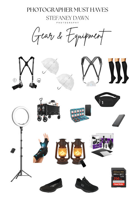 Essential photography gear for professionals: must-haves for every photoshoot, including camera accessories, footwear, and more. Photography Necessities, Photographer Essentials, Photographer Equipment, Photographer Gear, Photo Shoot Tips, Photography Hacks, Photography Essentials, Photo Gear, Must Have Tools