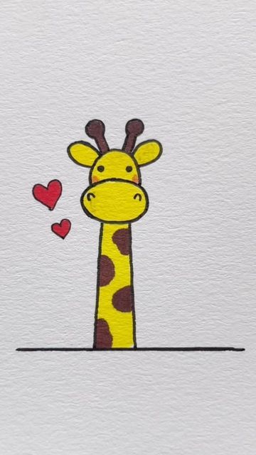 Idea For Drawing Easy, Cute Giraffe Painting Easy, Simple Animals Drawings, Easy Drawings Paintings, Cute Giraffe Drawing Easy, Girrafe Painting Easy, Cute Garden Drawing, Giraffe Drawing Simple, Giraffe Painting Easy