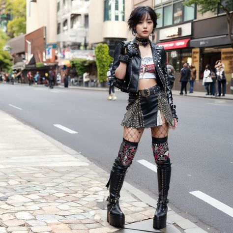 #punk #punks #punkfashion #punkstyle #punkgirls #streetstyle #streetsnap #aiartか Punk Glam Outfit, Street Punk Aesthetic, Battle Of The Bands Outfit, Feminine Punk Outfits, Punkish Outfit, Female Punk Outfits, Punk Rock Girl Outfits, Punk Princess Aesthetic, Post Punk Outfit