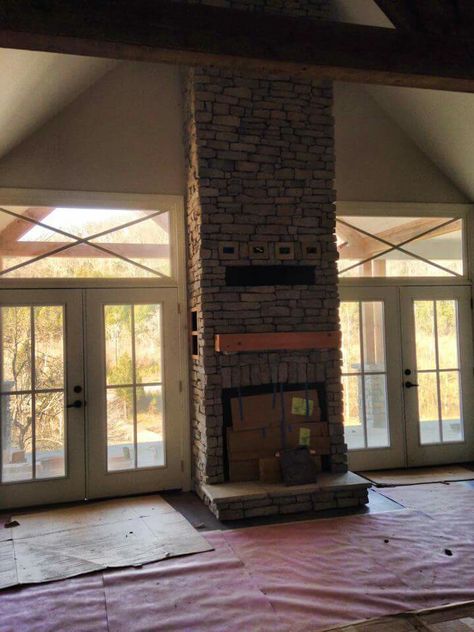 Fireplace Between Two Doors, Fireplace Between French Doors, Fireplace With French Doors On Each Side, Door Next To Fireplace, Fireplace Doors, Barn Kitchen, New Home Build, Transom Windows, Shipping Container House