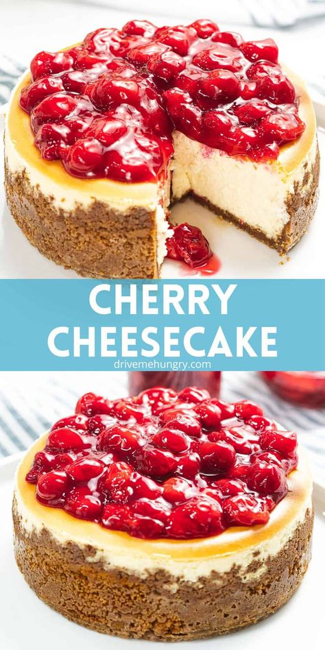 Cherry Cheesecake Birthday Cake, Cherry Cheesecake Homemade, How To Make Cherry Cheesecake, Cherry Topped Cheesecake, Cheesecake Cherry Topping, Cherry Pie Filling Cheesecake, Classic Cherry Cheesecake, Cherry Cheesecake Baked, Cheesecake With Cherry Topping