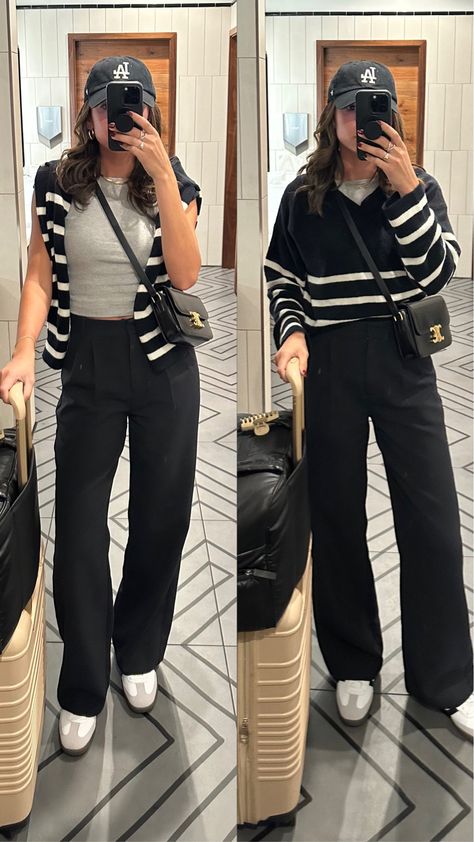 Trouser Airport Outfit, Black Pants Outfit Women Casual, Black Pants Outfit Autumn, Black Dress Pants Casual Outfit, Travel Airplane Outfit, Trousers For Short Women, Airport Outfit Spring 2024, Trousers Outfit Casual Street Fashion, Summer All Black Outfits