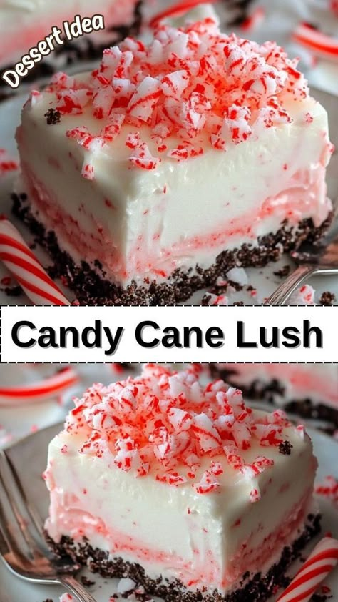 Discover the delightful Candy Cane Lush recipe—perfect for holiday gatherings! This creamy, layered dessert combines refreshing peppermint flavor with a buttery crust that's sure to impress. Easy to make and utterly delicious, your guests will love this festive treat! Save this pin for your next holiday dessert idea or visit our site for the full recipe! Peppermint Angel Food Cake, Peppermint Desserts Easy, Candy Cane Cake Recipe, Peppermint Desserts, Candy Cane Dessert, Lush Dessert, Candy Cane Recipe, Lush Recipes, Peppermint Dessert