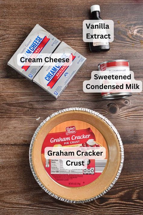 The ingredients for the 3 ingredient no bake cheesecake are labeled. Simple Homemade Cheesecake, Best No Bake Pie Recipes, Easiest No Bake Cheesecake, Mo Bake Cheesecake, 3 Ingredient Cheesecake Condensed Milk, 4 Ingredient No Bake Cheesecake, Icebox Pie 3 Ingredients, Graham Cracker Crust Alternative, Easy Pie Filling 3 Ingredients