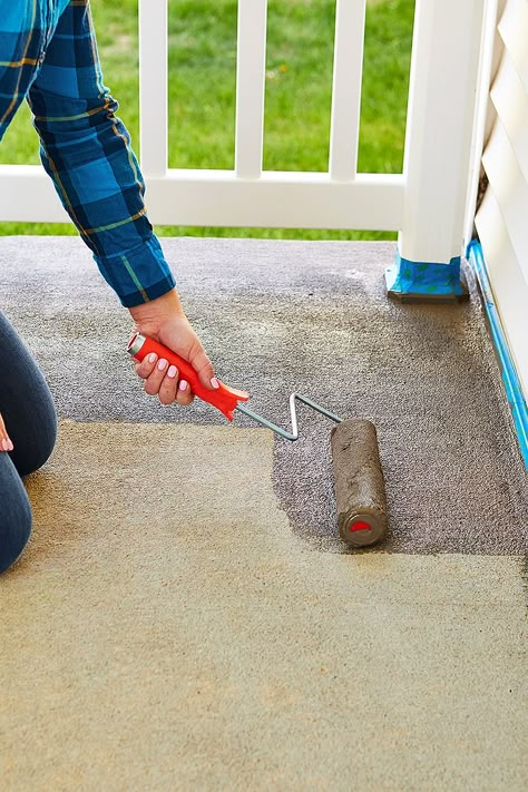 Painting A Cement Porch, Paint For Patio Floor, Painted Cement Porch Floor, Paint Porch Floor Concrete, Painting Concrete Floors Outdoor, Painting Concrete Porch Floor, Roller Rock Concrete Paint, Outdoor Concrete Floor Paint Ideas, Redoing Concrete Porch