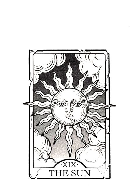 Sun Tarot Card Design, The Sun Tarot Tattoo Design, The Sun Card Tattoo, The Sun Tarot Card Drawing, Tarot Card Tattoo The Sun, Tarot Card Stencil, Tarot Card Sun Tattoo, Tarot Card Line Art, The Sun Tarot Tattoo