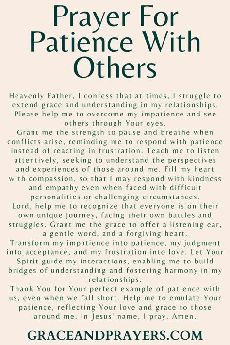 Looking for prayers for patience? We hope these 11 empathetic prayers will help you be patient with others, yourself, and in various situations! Click to read all prayers for patience. How To Learn Patience, Prayers For Patience With Others, Patience Bible Study, Pray For Someone You Love, Prayers For Hospice Patient, Pray For Patience, Prayer For Caregivers, Prayer For Patience, Prayer For Others