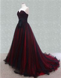 Discount gothic wedding dresses Color Wedding Dresses 2015 A Line Strapless Black and Red Tulle Sweep Train Gothic Bridal Gowns Color Wedding Dresses, Sweep Train Prom Dress, Gothic Wedding Dress, Red Wedding Dresses, 2015 Wedding Dresses, Color Wedding, Fantasy Gowns, Gothic Wedding, Black Wedding Dresses