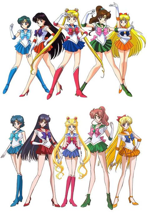 Original Sailor Moon Characters (Top) Vs, New 2014 Designs (Bottom) Sailor Scouts Costume, Sailor Venus Costume, Salior Moon Costume, Sailor Moon Character Design, Sailor Moon Full Body Pose, Sailor Moon All Sailors, All Sailor Moon Characters, Sailor Moon Poses, Sailor Moon Original