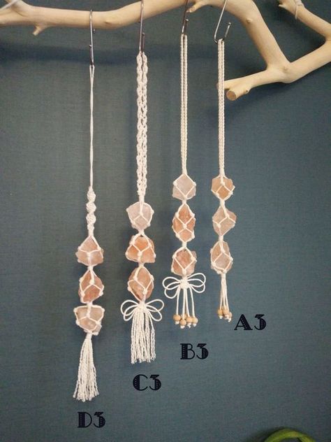 This pink Himalayan salt Macrame hanging for car or home is Very exquisitely handmade. Handmade of Pink Himalayan salt crystals, Solid wood beads, and natural cotton thread in cream white color. Himalayan salt crystals imported from Pakistan have many benefit for the human body. It will purify the air in your car under the heating of sunlight. The salt crystal also is very beautiful just like a gem, which would be a nice decoration for your car. Products details A3,B3,C3,D3 Full Length:45cm with Car Macrame, Macrame Crystals, Hanging Crystals Diy, Macrame Car Charm, Car Air Freshner, Crystal Macrame, Crystal Car Charms, Crystals Hanging, Car Crystals