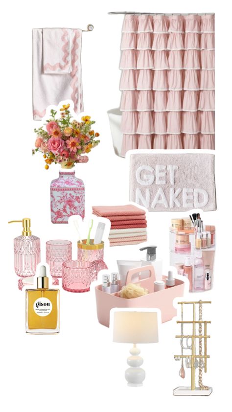 Cute Bathroom College, Girl Bathroom Ideas Apartment, College Bathroom Inspiration, Bathroom Inspo College, Pink Dorm Bathroom Ideas, Girly Small Bathroom Ideas, College Dorm Room Bathroom Ideas, Modern Girly Bathroom, Pink And White Bathroom Aesthetic