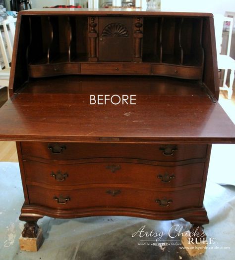 Painting A Secretary Desk, Refinished Antique Secretary Desk, Repurpose Secretary Desk, Upcycled Secretary Desk, Refinished Antique Desk, Antique Secretary Desk Makeover Ideas, Refinished Secretary Desk Ideas, Painted Antique Secretary Desk, Chalk Paint Desk Ideas