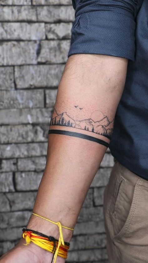 Cool Small Mens Tattoos, Memorial Band Tattoos, Best Animal Tattoos, Mountain Tattoo Men Sleeve, 40th Tattoo Ideas, Mens Ankle Tattoos Ideas, Mens Cuff Tattoo, Underside Forearm Tattoo, Small Guys Tattoos