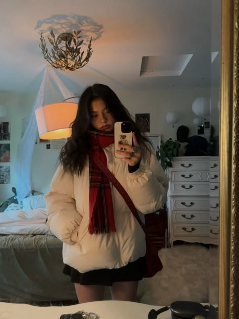 Cute Rain Coat Outfit, White Sweaters Outfit, Cozy Outfit School, Grey Earmuffs Outfit, Scarf Outfit Winter Aesthetic, Red Jacket Outfit Winter, Parka Aesthetic, Snowy Weather Outfits, Red Scarf Outfit Winter