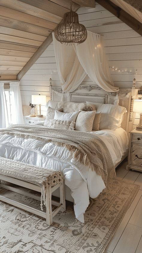 30+ Cozy Cottage Bedroom Decor Ideas For Your Home Romantic Headboard Ideas, French Country Blue Bedroom Ideas, Master Bedrooms Decor Relaxing, Neutral Cottage Bedroom, White Bed Frame Aesthetic, Farmhouse Chic Bedroom Ideas, Country Chic Bedroom Ideas, Victorian Era Bedroom, Master Bedrooms Farmhouse