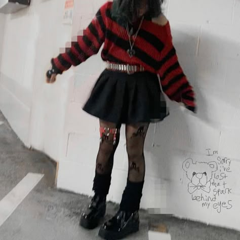 #drain #aesthetic #ootd #outfits #amazonfinds Red Alt Outfits Aesthetic, Red And Black Sweater Outfit Grunge, Red Vigilante Outfit, Red And Black Rock Outfit, Gore Outfits Aesthetic, Red And Black Striped Sweater Outfit, Red Goth Aesthetic Outfit, Black And Red Emo Outfit, Red Egirl Outfits