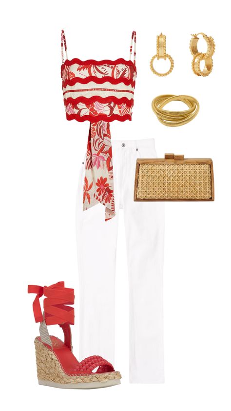 Red lace tie top and white skinny  jean. Cane clutch, gold earring, gold bangles. Tropical Womens Outfits, Designer Vacation Outfits, Tropical Fits, Jeans Summer Outfit, Mexico Resort Outfits, Summer Italy Outfits, Outfits To Wear In Italy, Greece Summer Outfits, Cabo San Lucas Outfits