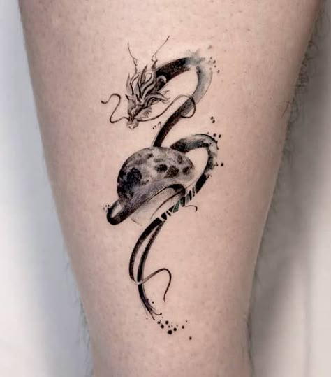 Earth Dragon Tattoo For Women, Moon With Dragon Tattoo, Moon Shoulder Tattoo Men, Dragon Moon Tattoo Design, Dragon And Fire Tattoo, Galaxy Dragon Tattoo, Dragon With Moon Tattoo, Moon And Dragon Tattoo, Space Dragon Tattoo