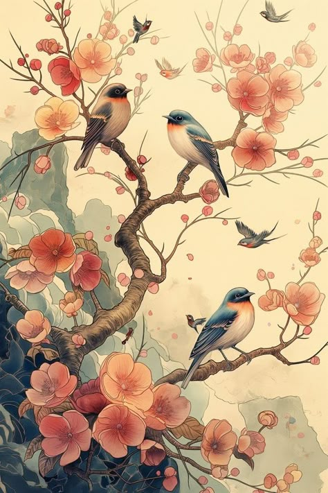 Cherry Blossom Leaves, Pair Of Birds, Pencil Drawing Images, Muted Green, Blossom Tree, Cherry Blossom Tree, Peach Blossoms, Blossom Trees, Bird Drawings