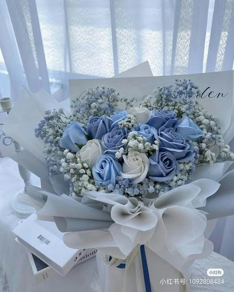 Light Blue Rose Bouquet, Periwinkle Wedding Flowers, Blue Ribbon Bouquet, Baby Blue Flower Bouquet, Blue And White Hydrangea Wedding, Snowflake Bouquet, Quinceanera Flowers, Blue Bridal Bouquet, Roses Bouquet Gift