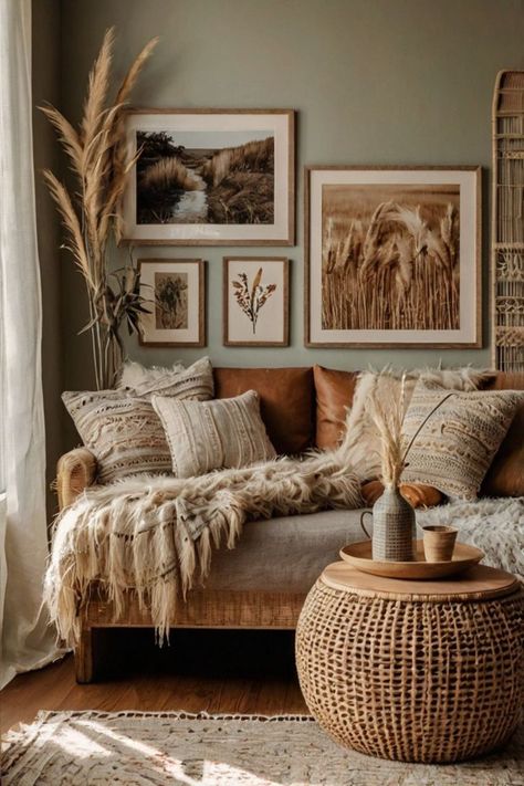 Elegant boho wall art with intricate patterns and earthy tones, ideal for a cozy home. Home Decor Terracotta, Farm Boho Living Room, Inviting Living Room Ideas, Cozy Earthy Aesthetic, Earthy Boho Home Aesthetic, Boho Farmhouse Aesthetic, Boho Cottagecore Home, Natural House Decor Ideas, Boho Living Room Brown Couch