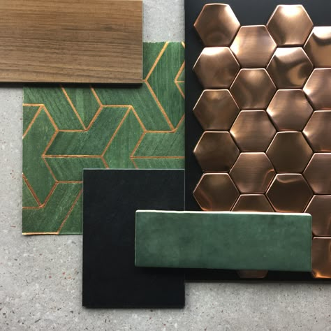 #MoodBoard #MoodBoardMonday #TileDesign #InteriorDesign #Remodel #MosaicTile #Green #Copper #FlatLay #Modern #Hexagon #Ceramic #Porcelain Black Gold And Green Kitchen, Green Gold Moodboard, Emerald Green And Copper Kitchen, Black And Copper Bathroom Ideas, Green And Gold Mood Board, Green Black And Gold Bathroom, Green Kitchen Moodboard, Green And Copper Bathroom, Copper And Green Kitchen