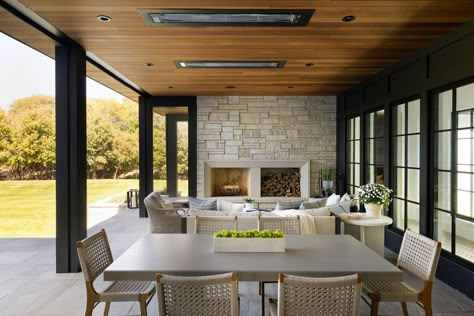 Enclosed Patio Ideas, Stone Wall Design, Farmhouse Patio, Outdoor Fireplace Designs, Outdoor Patio Ideas, Enclosed Patio, Outdoor Curtains, Fireplace Design, Back Patio