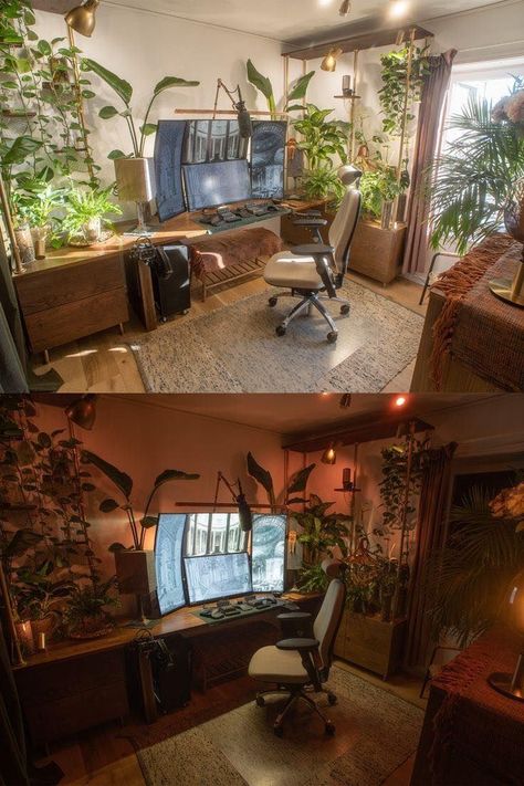 Plant Themed Gaming Setup, Industrial Gaming Setup, Nature Themed Gaming Setup, Earthy Gamer Setup, Academia Gaming Setup, Forest Pc Setup, Classy Gaming Room, Enchanted Forest Office, Dark Cottagecore Gaming Setup