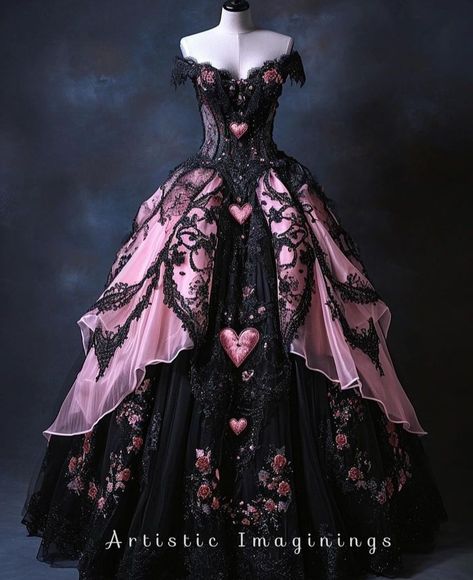 Pink And Black Fantasy Outfit, Black And Pink Goth Wedding, Draculaura Prom Dress, Pink Black Wedding Dress, Black Pink Wedding Dress, Emo Quinceanera Dresses, Black And Pink Ball Gown, Monster High Quinceanera, Pink Goth Wedding