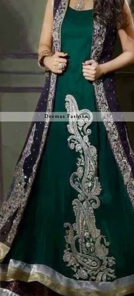 Dark green and silver with dark purple coat Pakistani maxi dress dulhan bridal or simple Open Gown Style, Gown Style Dress, Dress Pakistani, Pakistani Couture, Pakistani Wedding Dress, Desi Outfits, Salwar Kamiz, Pakistani Clothes, Pakistan Fashion