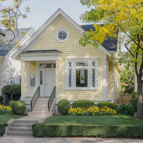 Front Door Color For Yellow House 💛💛💛 Front Door Color For White House, Butter Yellow House Exterior, Yellow Siding House, Yellow Siding Color Schemes, Soft Yellow House Exterior, Pale Yellow House With Shutters, Yellow Houses Exterior, White House With Yellow Door, Little Yellow House