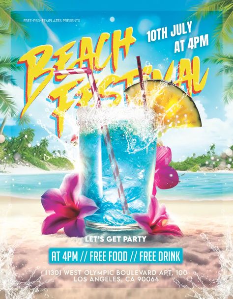 Check out the Free Beach Festival Flyer Template for your next club and party event. FreePSDFlyer.com is the best resource full of amazing Free PSD Flyer Templates for Photoshop! Create amazing flyer, poster or social media designs with our free templates. Beach Party Flyer Design, Beach Festival Poster, Beach Party Poster, Drink Flyer, Ginnie Springs, Beach Party Flyer, Flyers Ideas, Party Design Poster, Free Flyer Design