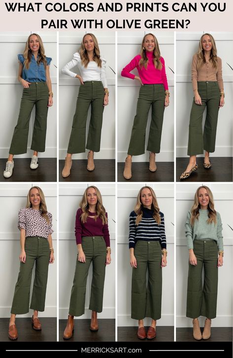 What colors and prints can you pair with the color olive green? - Merrick's Art Tops For Green Pants, Combination With Green Pants, Olive Green Jeans Outfit Fall, Green Pairing Color Outfit, Yellow And Olive Green Outfit, Olive Green Pants Outfit Women Work, Olive Pants Fall Outfit, Style Green Pants For Women, Colors To Wear With Olive Green Pants