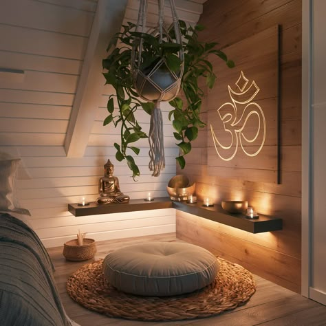 15 Spiritual Bedroom Ideas: From Minimalist To Boho | Ministry Of Numerology - By Johanna Aúgusta Yoga Corner Bedroom, Spiritual Bedroom Ideas, Healing Room Ideas, Spiritual Bedroom, Meditation Nook, Meditation Room Design, Yoga Corner, Spiritual Room, Yoga Studio Design