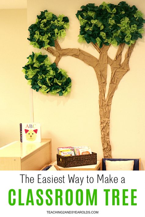 Learn how to make a simple classroom tree using cardboard and tissue paper with this easy tutorial! #classroom #preschool #toddler #design #backtoschool #age2 #age3 #teaching2and3yearolds Paper Tree Classroom, Tree Classroom, Classroom Tree, Cucumber Trellis Diy, Cardboard Tree, Simple Classroom, Preschool Supplies, Green Tissue Paper, 3d Tree