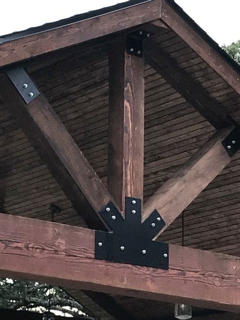 Facial or Flat Brackets #outdoorpatioideas Beam Brackets, Wood Pavilion, Pole Barn Kits, Timber Frame Porch, Truss Design, Timber Frame Joinery, Wood Truss, Pavilion Plans, Metal Beam