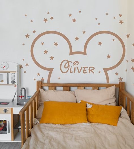 Mickey Toddler Headboard Wall Decal Large Arch Sticker Stars - Etsy Australia Disney Wall Nursery, Mickey Toddler Room, Neutral Mickey Mouse Nursery, Mickey Mouse Bedroom Toddler, Disney Wall Baby Room, Disney Baby Rooms Pottery Barn Kids, Disney Decor Bedroom, Arch Sticker, Disney Themed Bedrooms